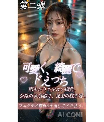 AI CONI LABO❤可愛くてドえっちシリーズ第2弾 雨あがりで少ない街角。公衆の歩道脇で、秘密の駐車場で美女がフェラチオ顔射＆中出しでイキ狂う。【音声付き】音声付き